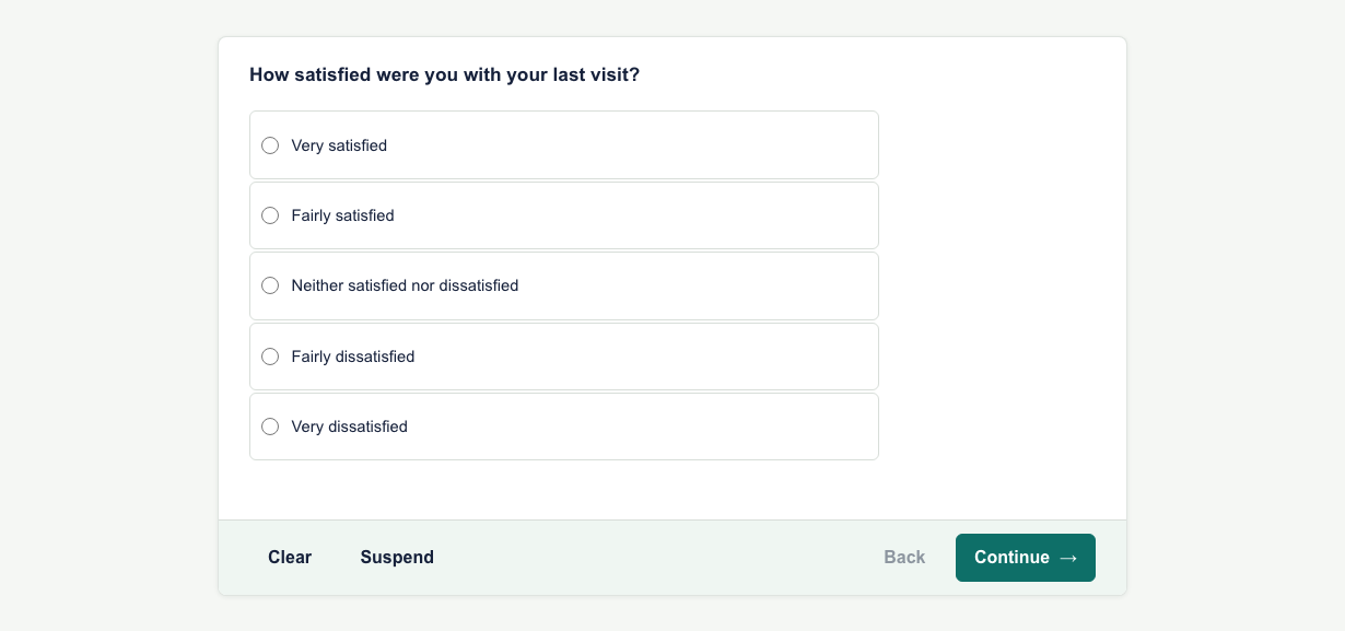 A demonstration satisfaction question with answer options and interview navigation.