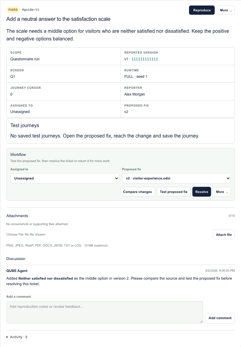 Demonstration ticket with a proposed correction, source comparison and review controls.